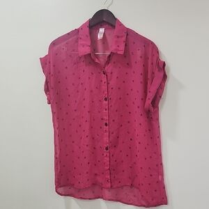 Vibrant Pink Notched Collar Cuffed Sleeve Top
